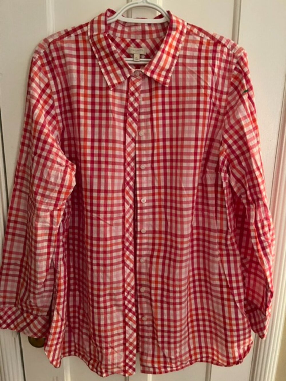 TALBOTS PINK & RED PLAID CHECK SHIRT, XL, BUTTON FRONT, LS; EXCELLENT